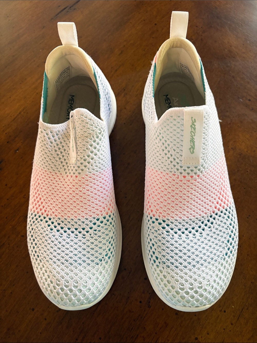 Skechers Women’s White Knit Slip-On Sneakers with Pink and Teal Accents